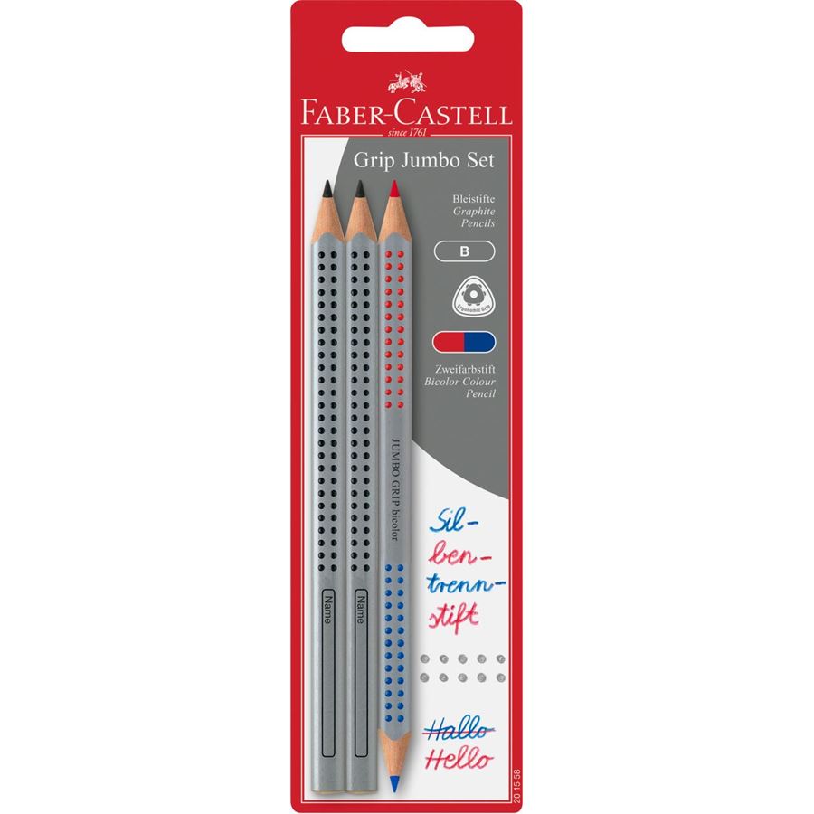 Faber-Castell - 2 Jumbo Grip Bleistifte + 1 Jumbo Bicolorfarbstift Rot/Blau