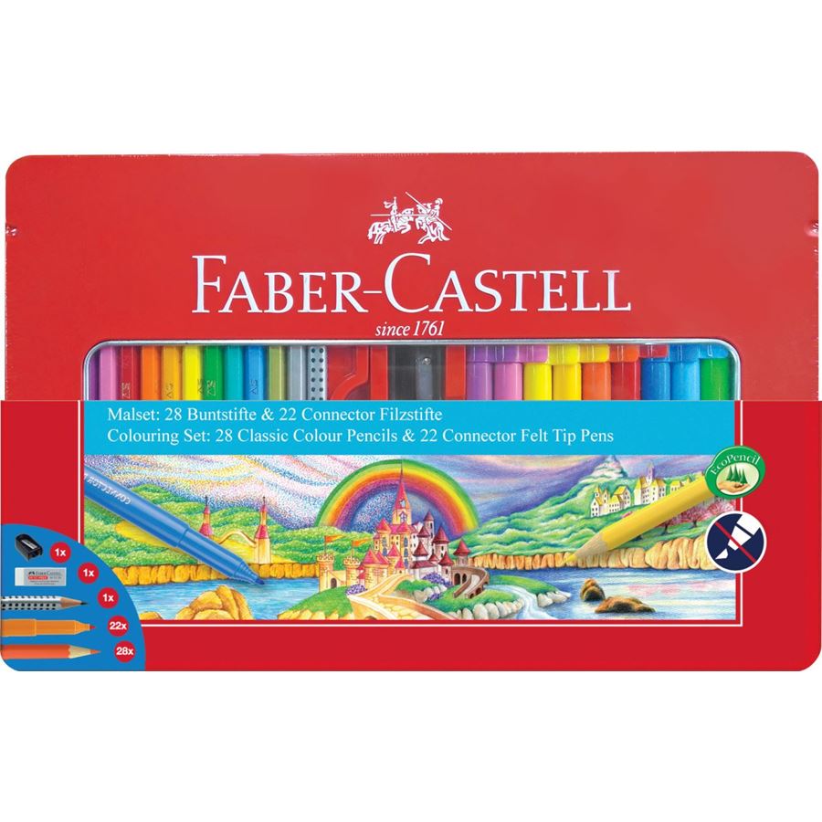 Faber-Castell - Malset Connector Filzstift, Metalletui, 53-teilig