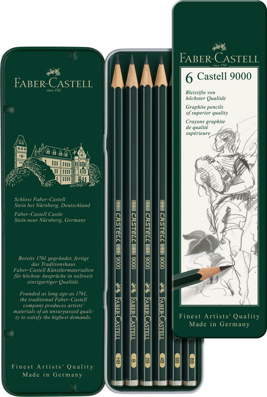 Faber-Castell - Crayons graphite Castell 9000, boîte métal de 6