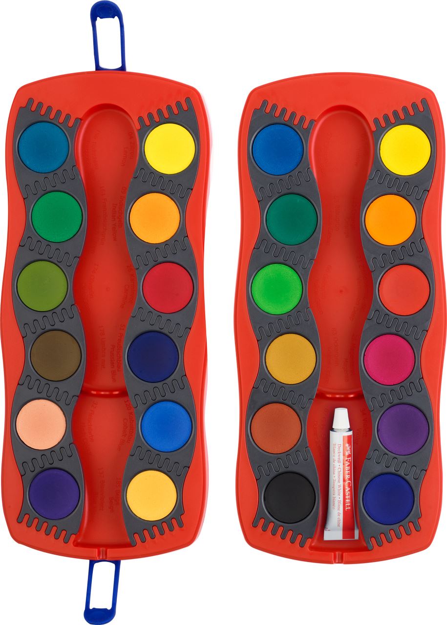 Faber-Castell - Connector Deckfarbkasten, rot, 24 Farben inkl. Deckweiß
