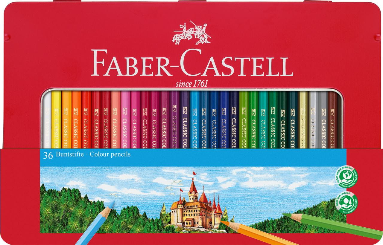 Faber-Castell - Boîte métal x36 crayons de couleur hexagonaux