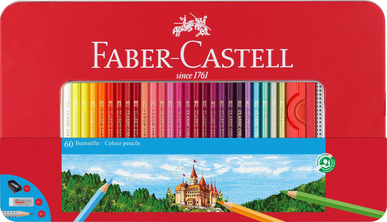 Faber-Castell - Boîte métal x60 crayons de couleur hexagonaux
