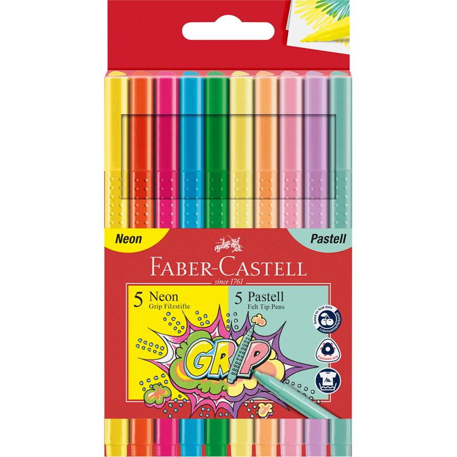 Faber-Castell - Grip Filzstift Neon + Pastell, 10er Kartonetui