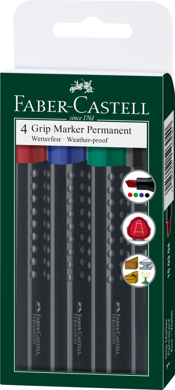 Faber-Castell - Grip Marker Permanent, Keilspitze, 4er Etui
