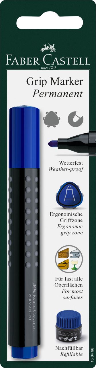Faber-Castell - Grip Marker Permanent, Rundspitze, blau, Blisterkarte