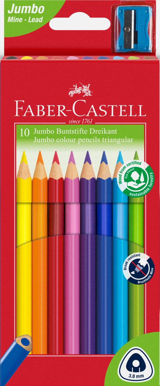 Faber-Castell - Jumbo Dreikant Junior Buntstifte, 10er Kartonetui