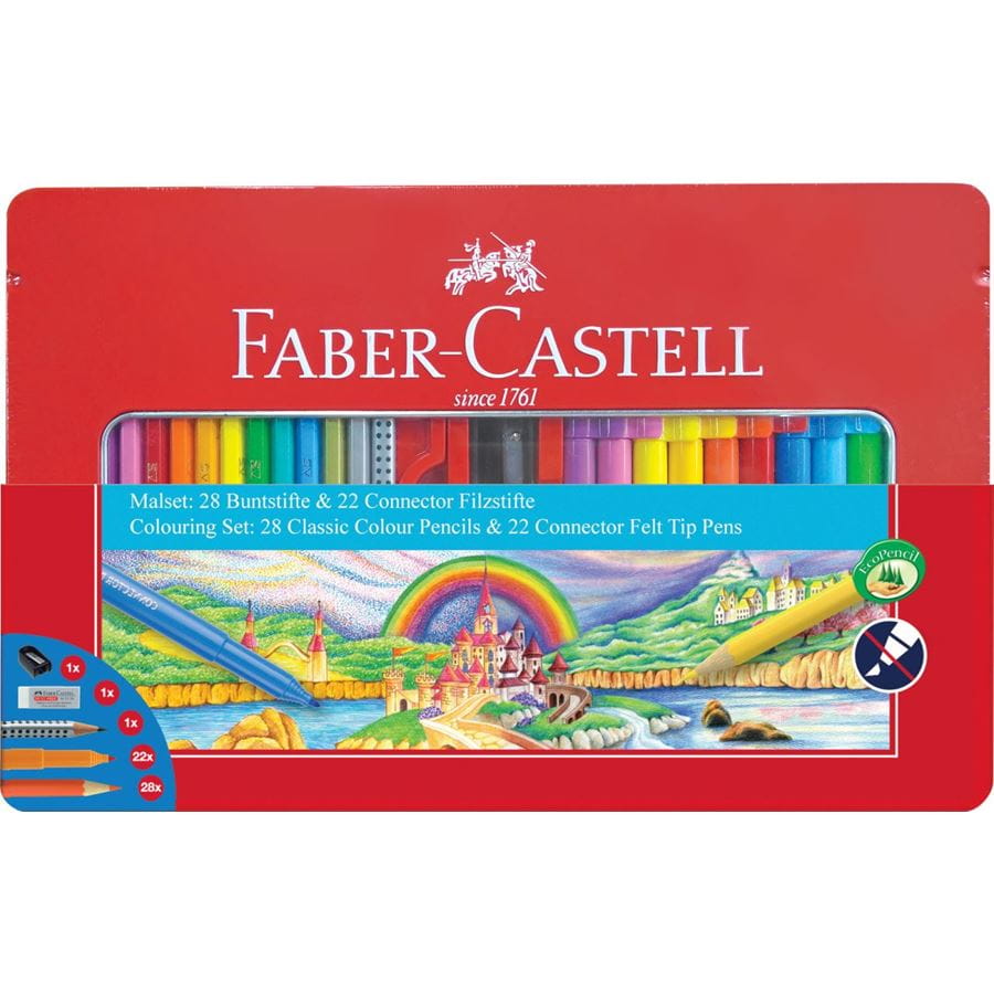 Faber-Castell - Malset Connector Filzstift, Metalletui, 53-teilig