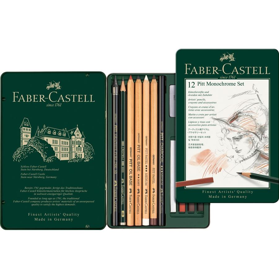 Faber-Castell - Set de crayons Pitt Monochrome, boîte métal de 12 pièces